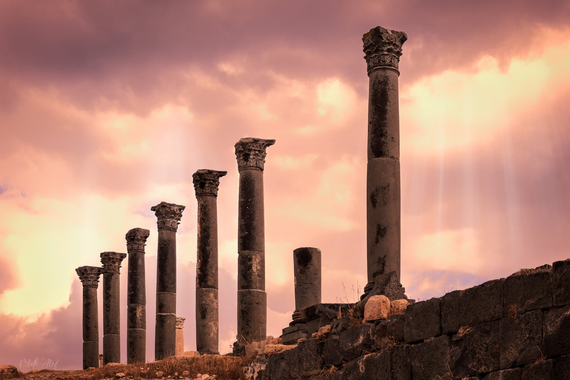 Architectural ruins and landscape at Um Qais archaeological site in Jordan